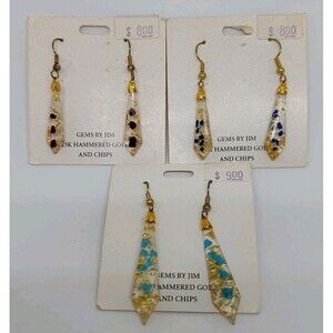 (3) Pair Pierced 23K Hammered Gold inside Dangle Earrings Arrowhead Blue Purple